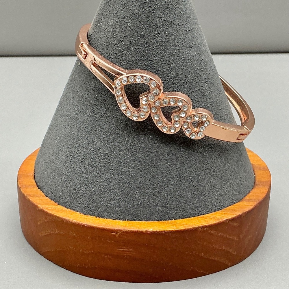 Triple Heart Bangle Bracelet Women Rose Gold Tone Rhinestone Accents Hinged Cuff